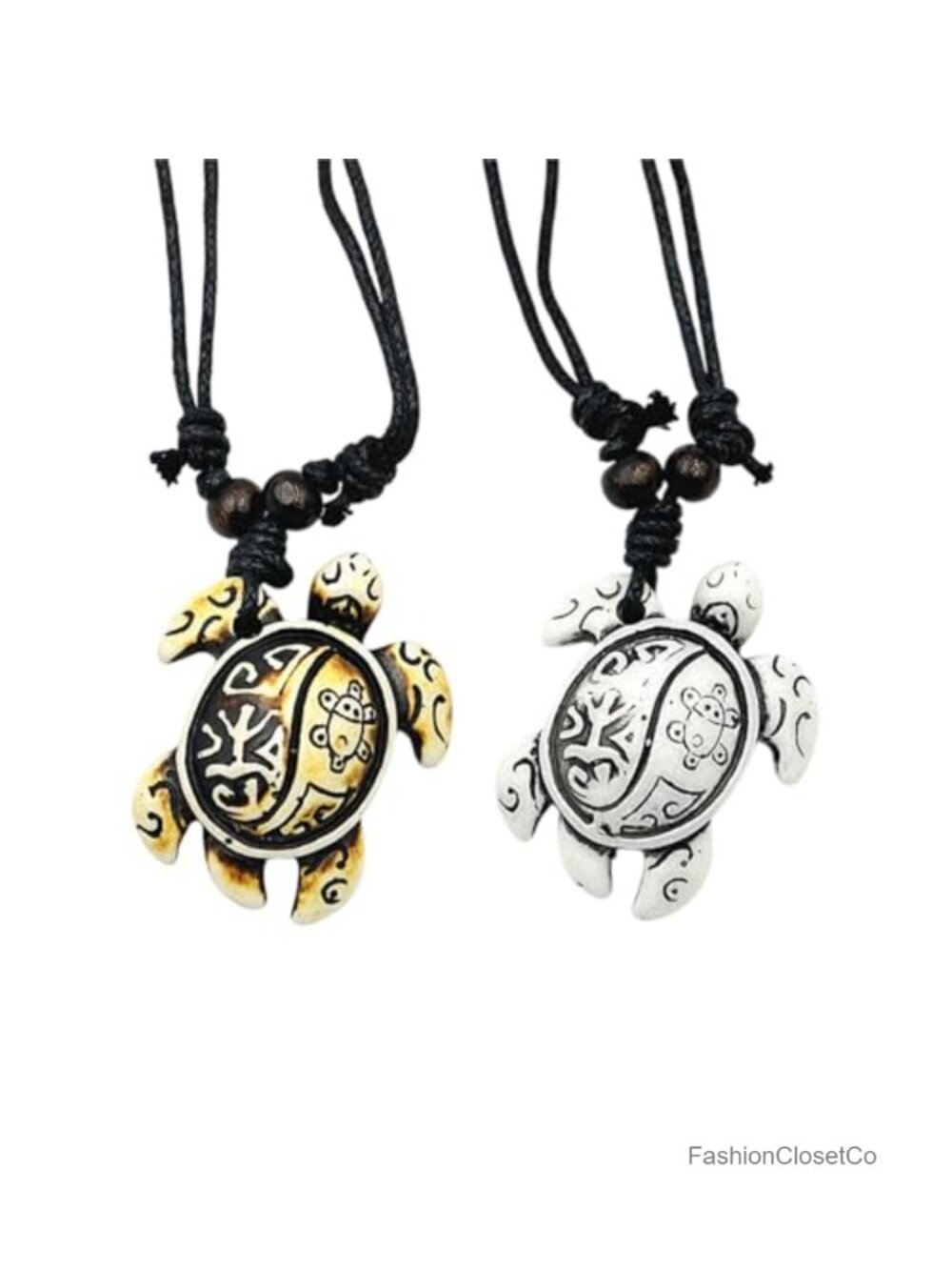 Faux Bone Carved Sea Turtle Pendant Necklace 2pc Set Adjustable Rope Chain